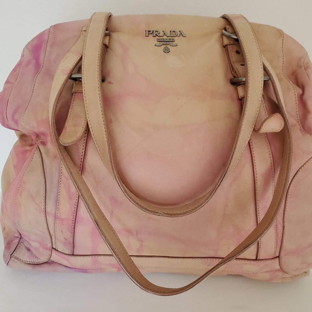 Prada XL soft nappa leather bag beige peach purple Pink double handle Tote dyed